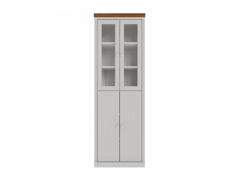 Estante Biblioteca 220 cm com duas portas de madeira e duas portas de vidro na cor branco lavado e mel | Coleção Biblioteca